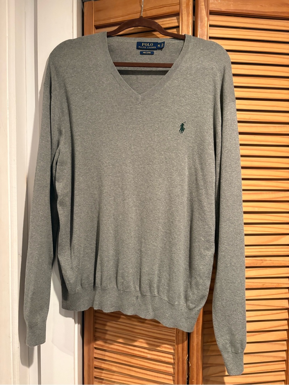 Polo Ralph Lauren Men's Gray Pima Cotton V-Neck Sweater Green Pony Logo Preppy